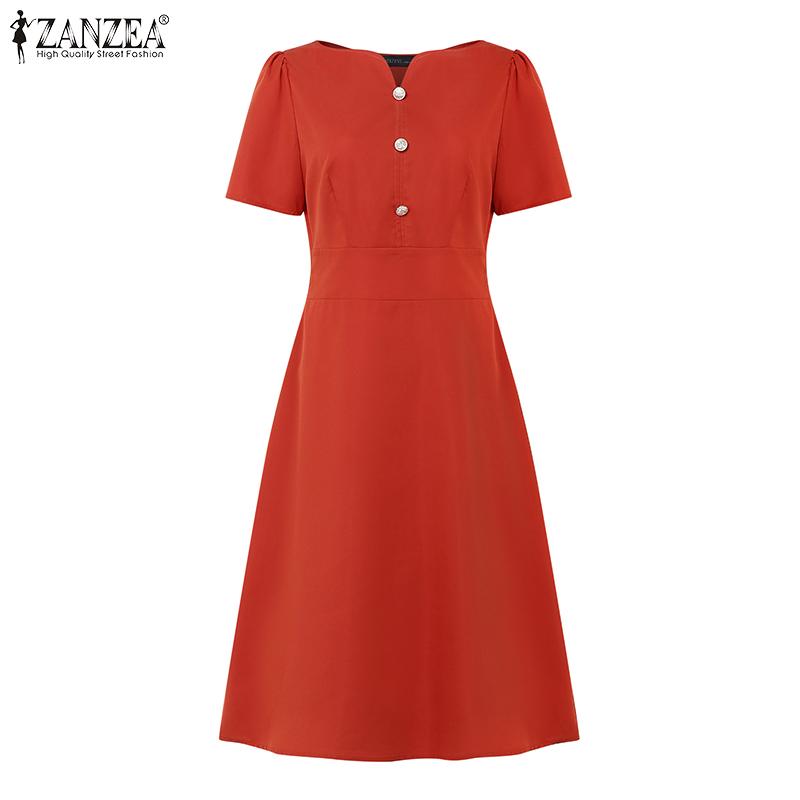 ZANZEA Damen Lässig Rundhals Sommer Kurzarm A-Linien-Kleid