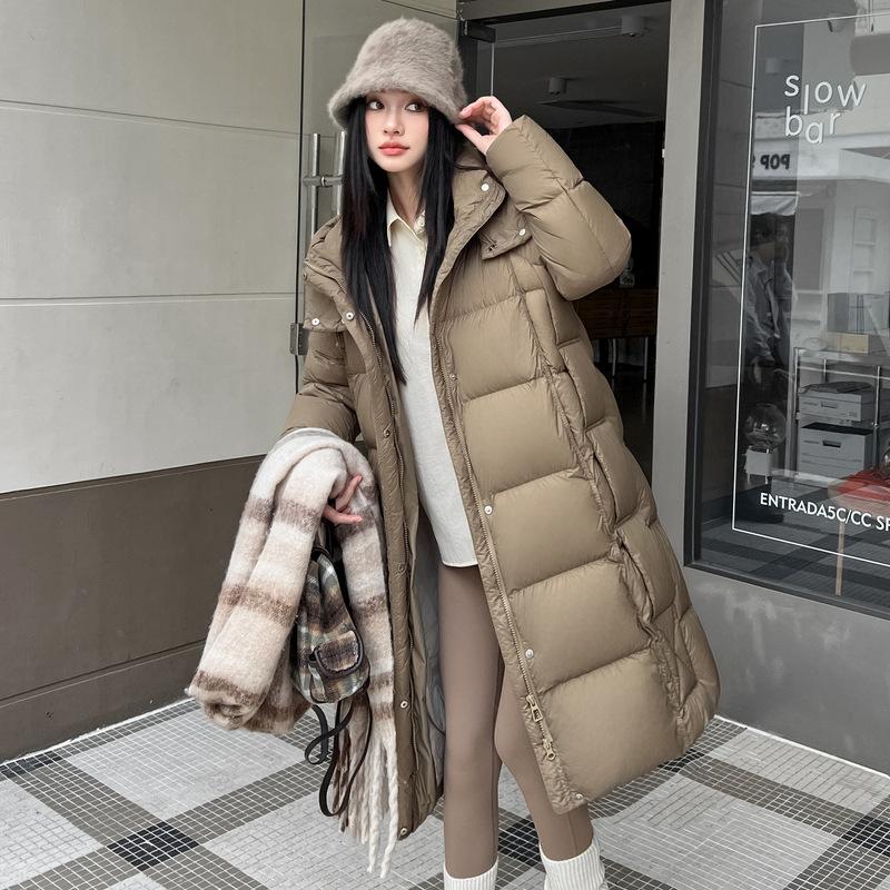 

Ribbon long style thickened loose meat covering large size knee long sleeve jacket white goose down jacket L