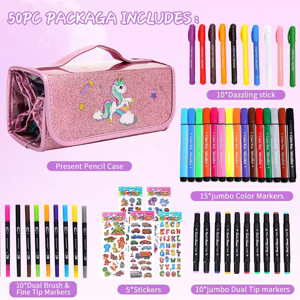 Kawaii Tragbare Tragetasche mit großem Fassungsvermögen Set enthält Farbstift Markerstift Zeichnen Graffiti Schreibwaren Gutes Geschenk für Kinder