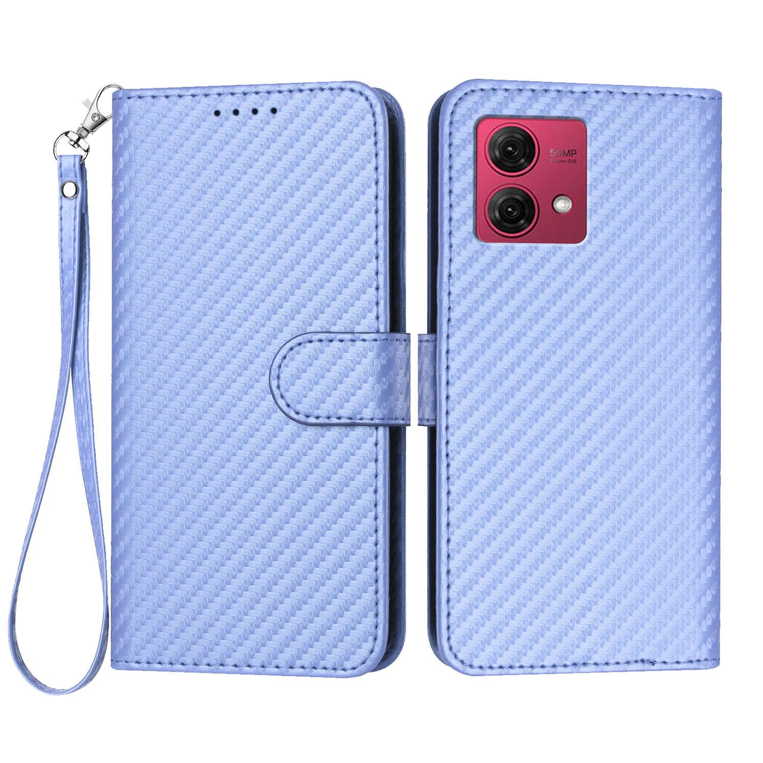 

For Motorola Moto G84 5G Wallet Case with Strap Carbon Fiber Texture Leather Mobile Cover Purple