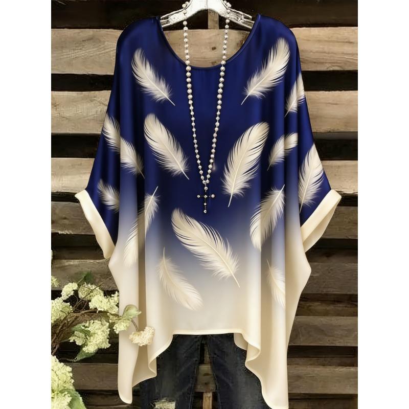 Summer Top Women Arrival Elegant Vacation Style Plus Size Simple Casual Meteor Pattern Print Irregular Hem Round Neck T-Shir