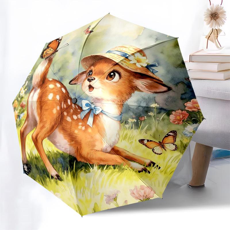1pc Deer in Flower Garden with Butterflies Umbrella with Plastic Handle,Suitable for All Seasons Home Travel Outdoor Umbrellaptys31011