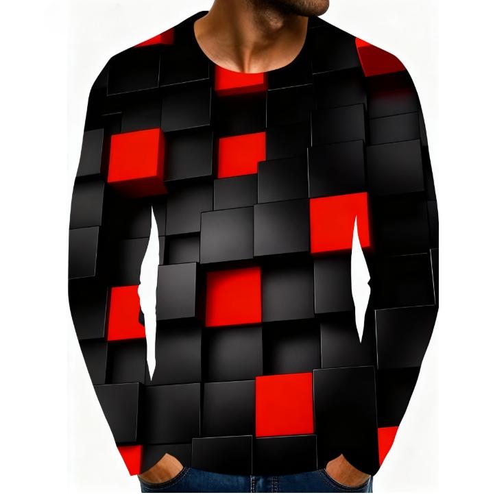 Spring and Autumn Round Neck 3D Abstract Art Printed Top Fashionable Casual Long Sleeved Men's T-shirts