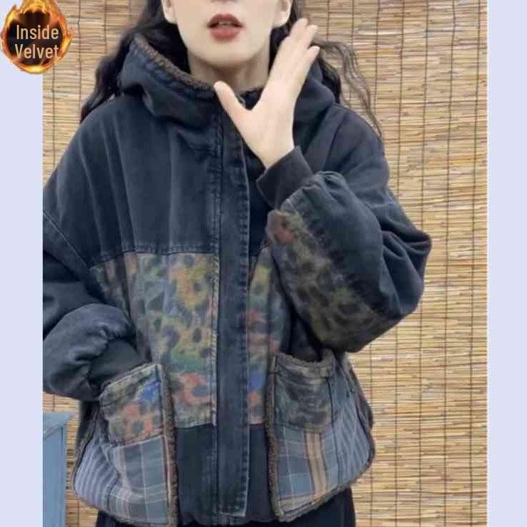 

Ретро Принт Джинсовая Куртка с Капюшоном на Флисовой Подкладке – Зимнее Тепло и Приталенный Крой 2025 M (98-115 lbs)