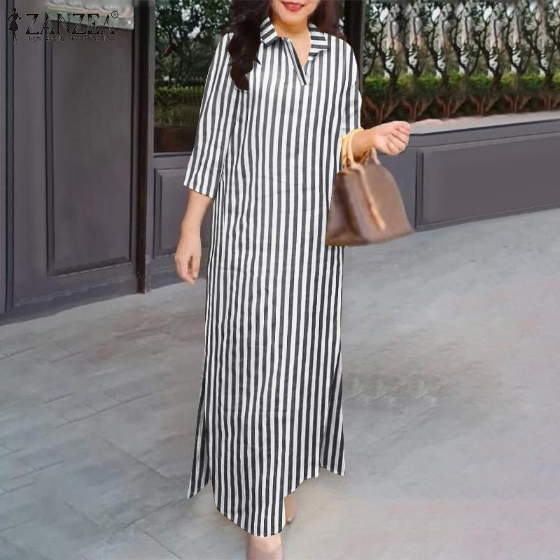 ZANZEA Women Casual Turn Down Collar Loose Short Sleeve Stripe Shirt Dress