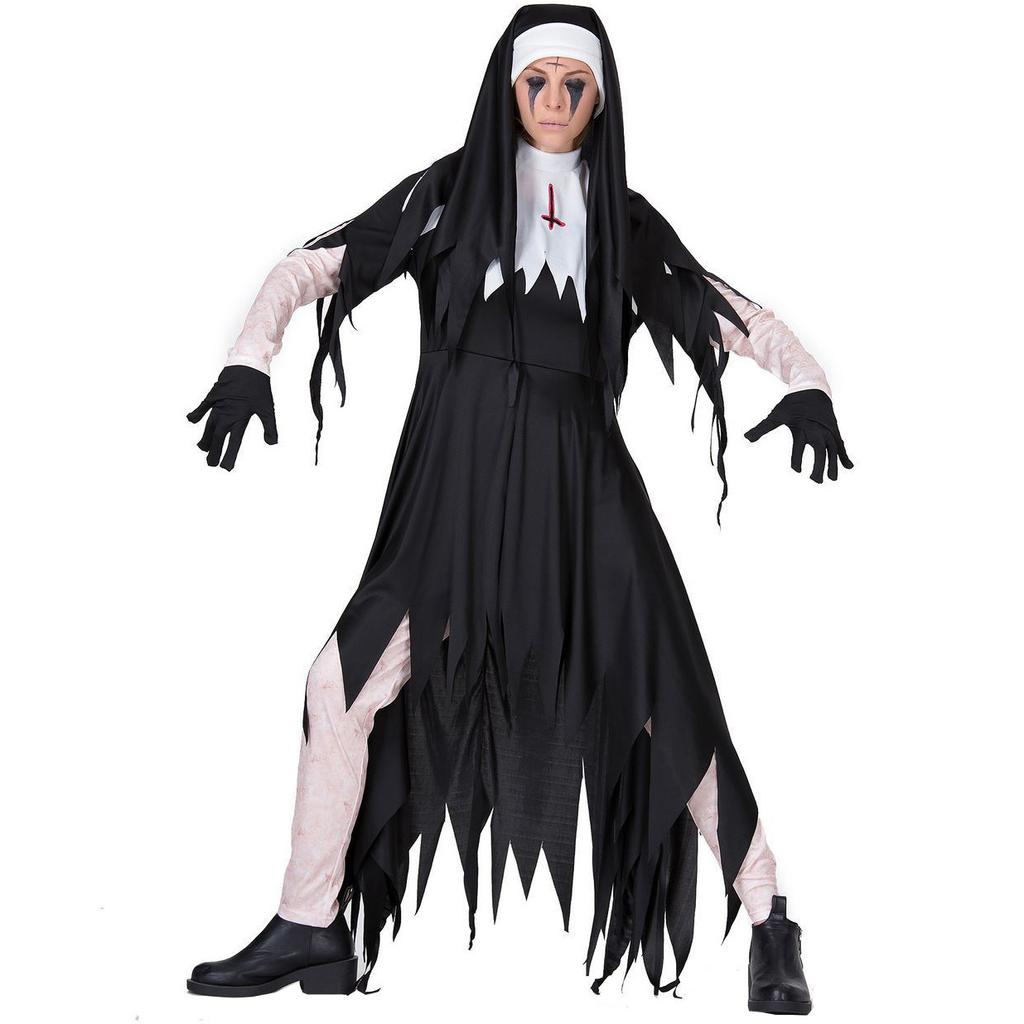 Halloween zombie nun costume, vampire horror bloody grim reaper cross serrated nun skirt