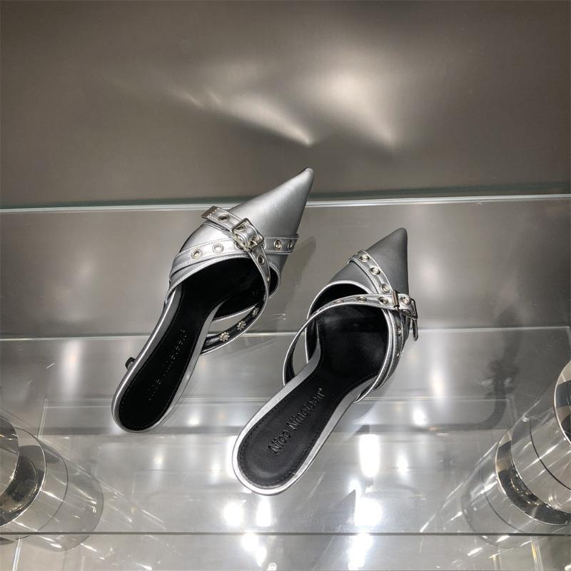 Footwear Baotou Pointed Half Slippers Female External Wear Medium Heels Pumps 2025 Fashion New Ankle Buckle 4cm Follow