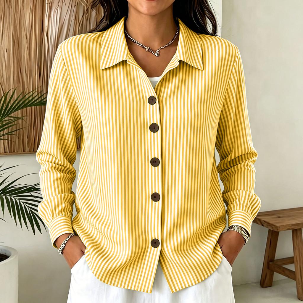 Women Button Down Long Sleeve Shirt Casual Striped Collar Blouse Lightweight Relaxed Fit Top for Everyday Wear