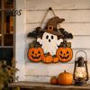 Halloween Party Decor Wooden Ghost Welcome Sign for Front Door, Rustic Cartoon Hanging Pumpkin Supplies Plaque with Wizard Hat And Broom Holiday Wall
