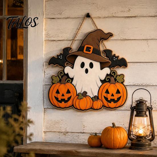 Halloween Party Decor Wooden Ghost Welcome Sign for Front Door, Rustic Cartoon Hanging Pumpkin Supplies Plaque with Wizard Hat And Broom Holiday Wall