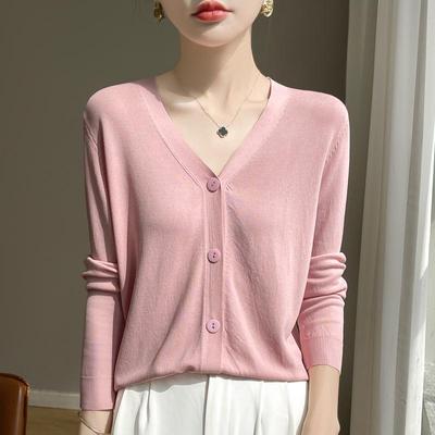 Women's Ice Silk Knitted Cardigan - Pink, Lightweight, Sun-Protective Summer Jacket