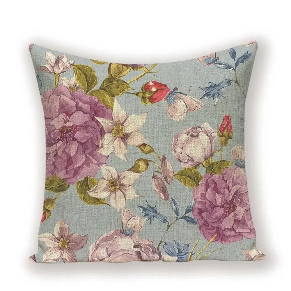 Vintage Floral  Linen Pillow Case Sofa Living Room Seat Car Soft Cushion Cover Home Decorative Pillowcase 45*45cm