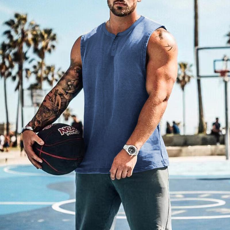 Summer Men's Sleeveless Broad Shoulder Basketball Vest Round Neck Slim Solid Color Versatile T-Shirt