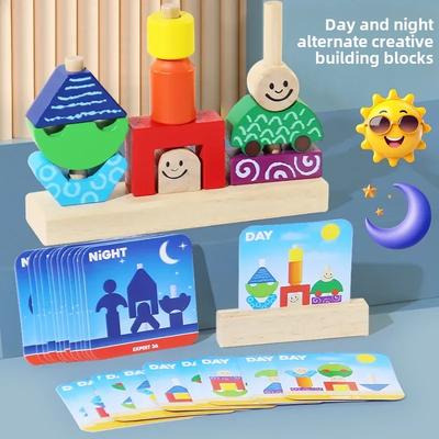Wooden Blocks Stacked Shape Matching Game Montessori Logical Thinking Training Creative Day/Night Themed Puzzle Games Kids Toys