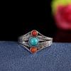 Adjustable Vintage Copper Ring With Turquoise Red Agate Inlay Hollow Carved Floral Ethnic Style Women Men
