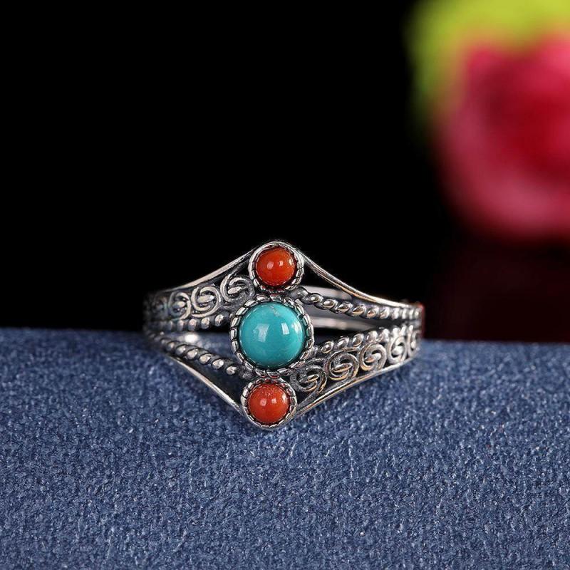 Adjustable Vintage Copper Ring With Turquoise Red Agate Inlay Hollow Carved Floral Ethnic Style Women Men