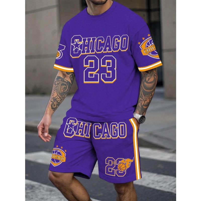 Men's Sports Short Sleeve Top Shorts Set Plus Size Breathable Basketball Sports Clothing Letter Print T-shirt Shorts 2-piece Set
