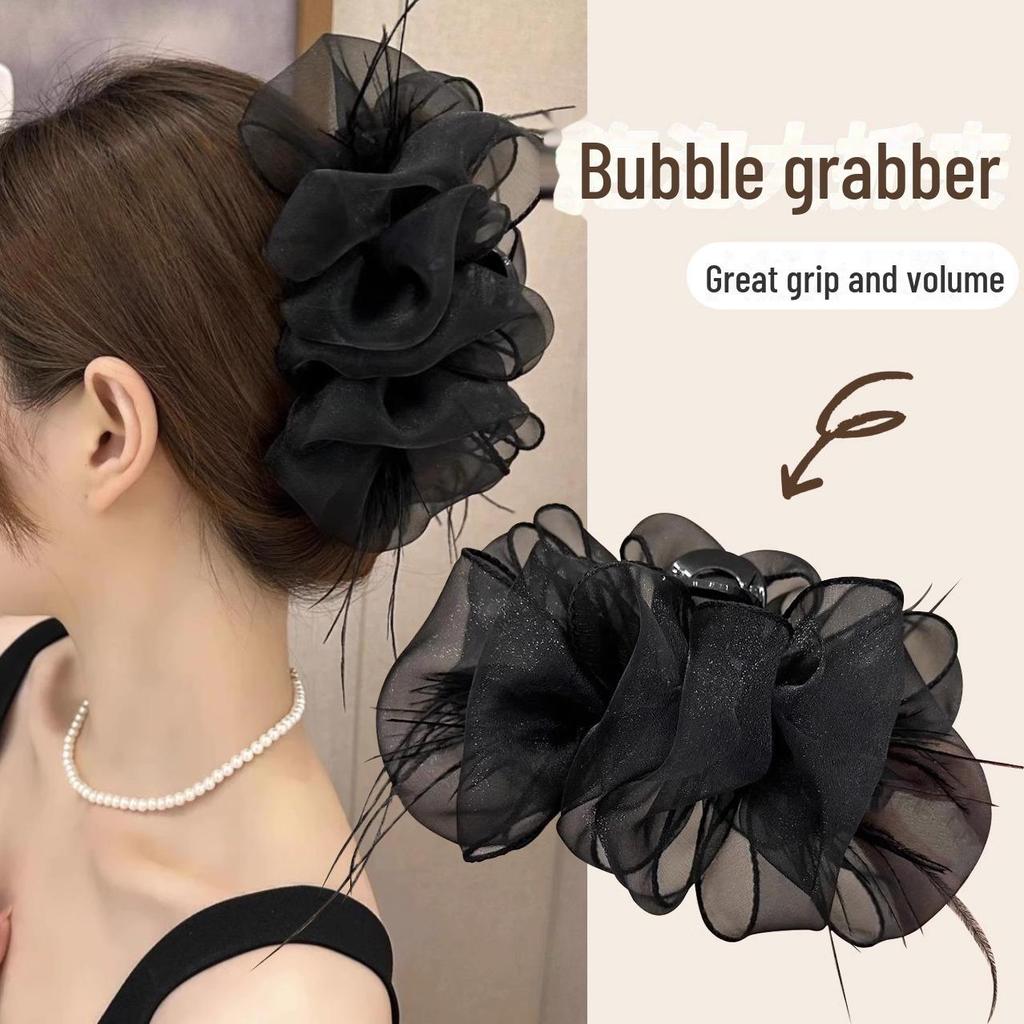 High-Grade Feather and Ostrich Hair Shark Clip for Autumn/Winter - Elegant Ponytail Headdress