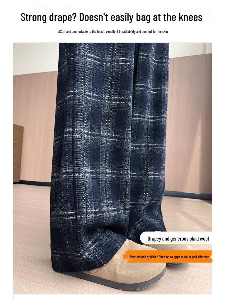Women's Retro Plaid Woollen Trousers - New for 2026, Autumn/Winter Collection, Narrow Fit, Plus Size, Slimming Wide Leg Pants