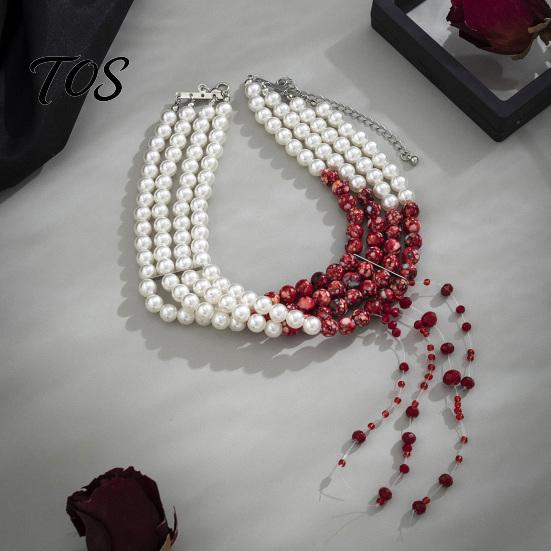 Mysterious Fashion Jewelry Gothic Blood Drop Choker, Layered Faux Pearl Necklace, Red Tassel Themed Costume Party Supplies Earrrings, Punk Style