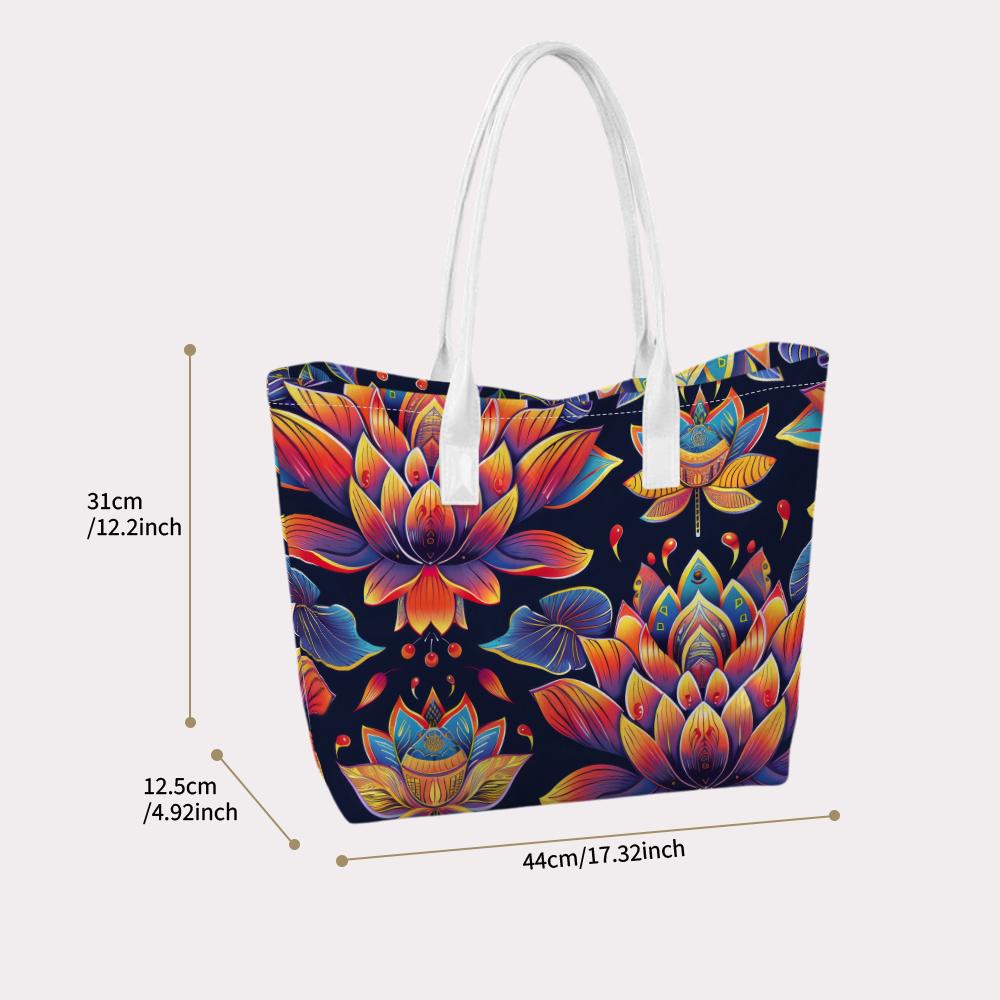 Vibrant Lotus Pattern Tote Bag Casual Daily Shoulder Bag for Shopping Outdoor Use