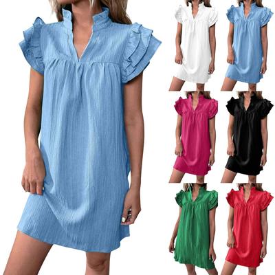 Women's Fashion Casual Solid Color V-neck Versatile Ruffle Sleeve Pullover Dress