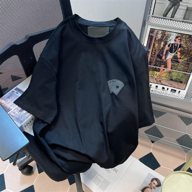 Retro Print Playing Card Short Sleeved T-shirt Oversized Women Short Sleeved Tee Summer Loose Round Neck Solid Color Top