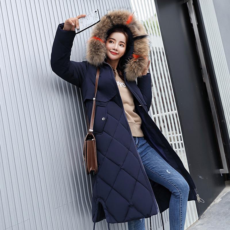 

Женская зимняя длинная куртка, пальто, парки, большой меховой воротник, карман на молнии с капюшоном, толстая длинная однотонная M-3XL XXL королевский синий