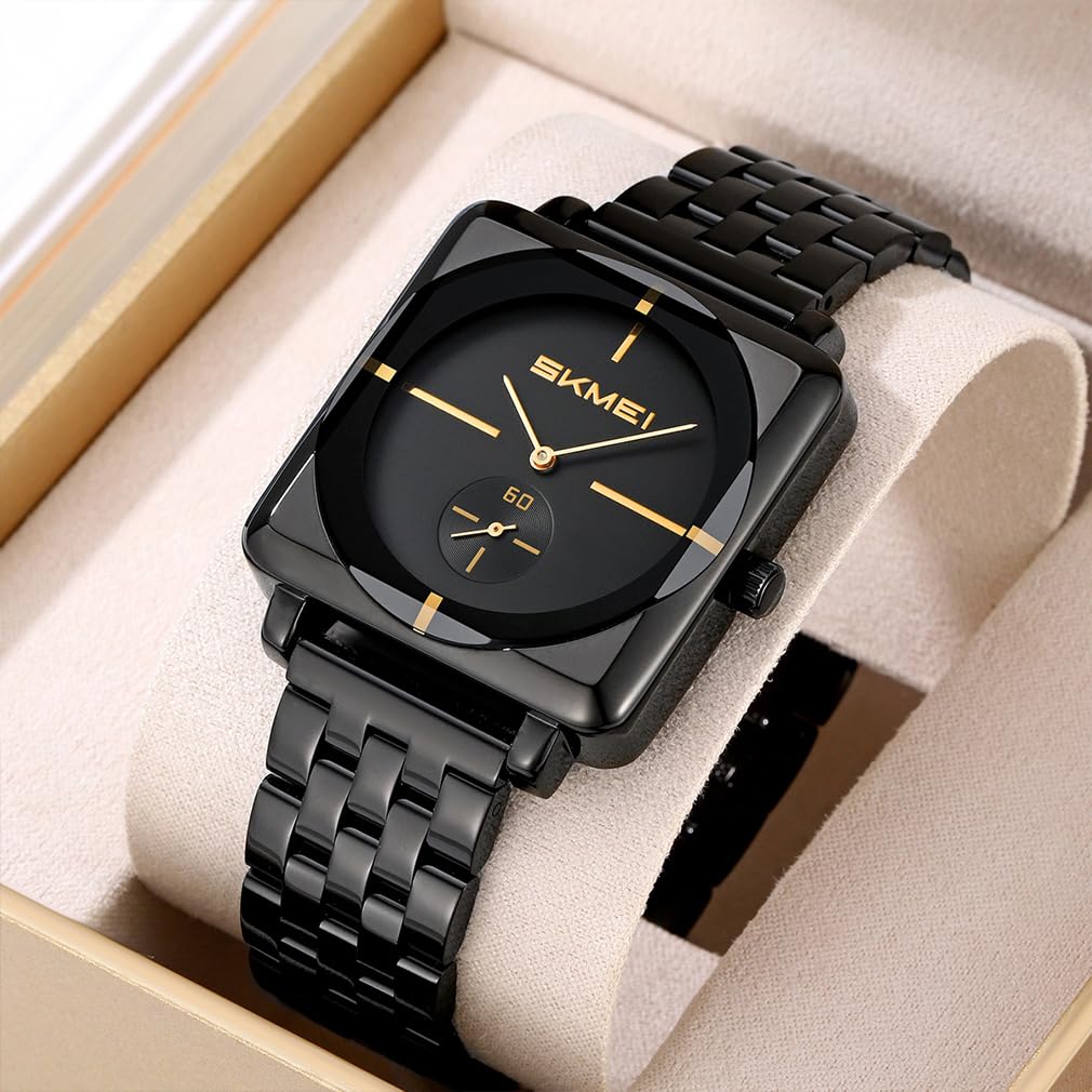 Skmei Square Watch Men Simple Stylish Stainless Steel Wristwatch Gentleman Waterproof Analog Business Casual Male Luxury Gift Black Wach for Men