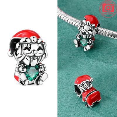 Charms Copper Plated Santa Claus Green Heart-Shaped Beads Fit Original Bracelet Beads Women Jewellery Making Diy