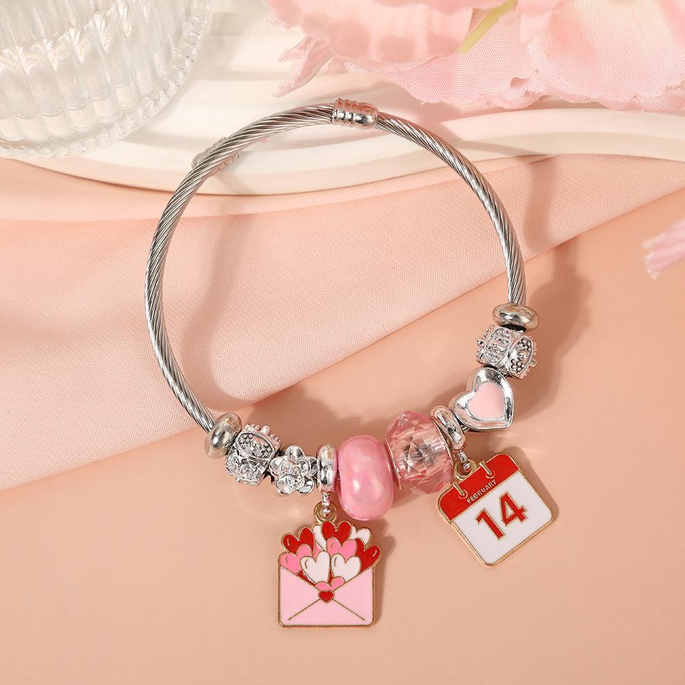

Cute Cartoon Bear Angel Heart Beaded Bracelet Stainless Steel Valentine Gift for Her Girlfriend Women
