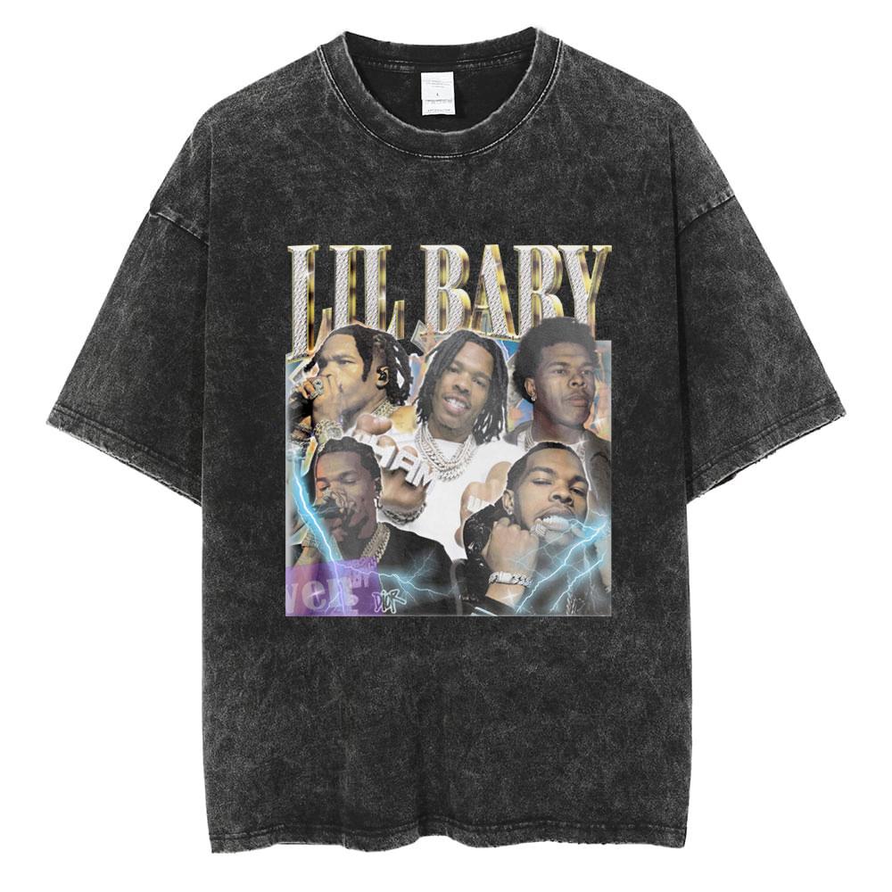 Hip Hop Rapper Wash Vintage Black Lil Baby T Shirt Unisexs Fashion Oversized Tee Short Sleeve Regular Male Tshirt Unisex Streetwear