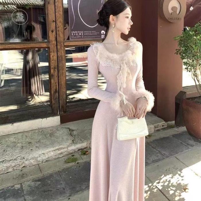 Korean Style Lace Trim Fur Dress – Women s Waist-Cinching Knit Long Skirt Medium