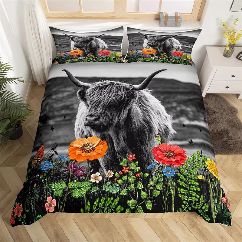 

Highland Cow Duvet Cover Western Farmhouse Animal Bedding Set Microfiber Farm Bull Cattle Floral Comforter Cover Twin King Size EU Single(135x200cm)