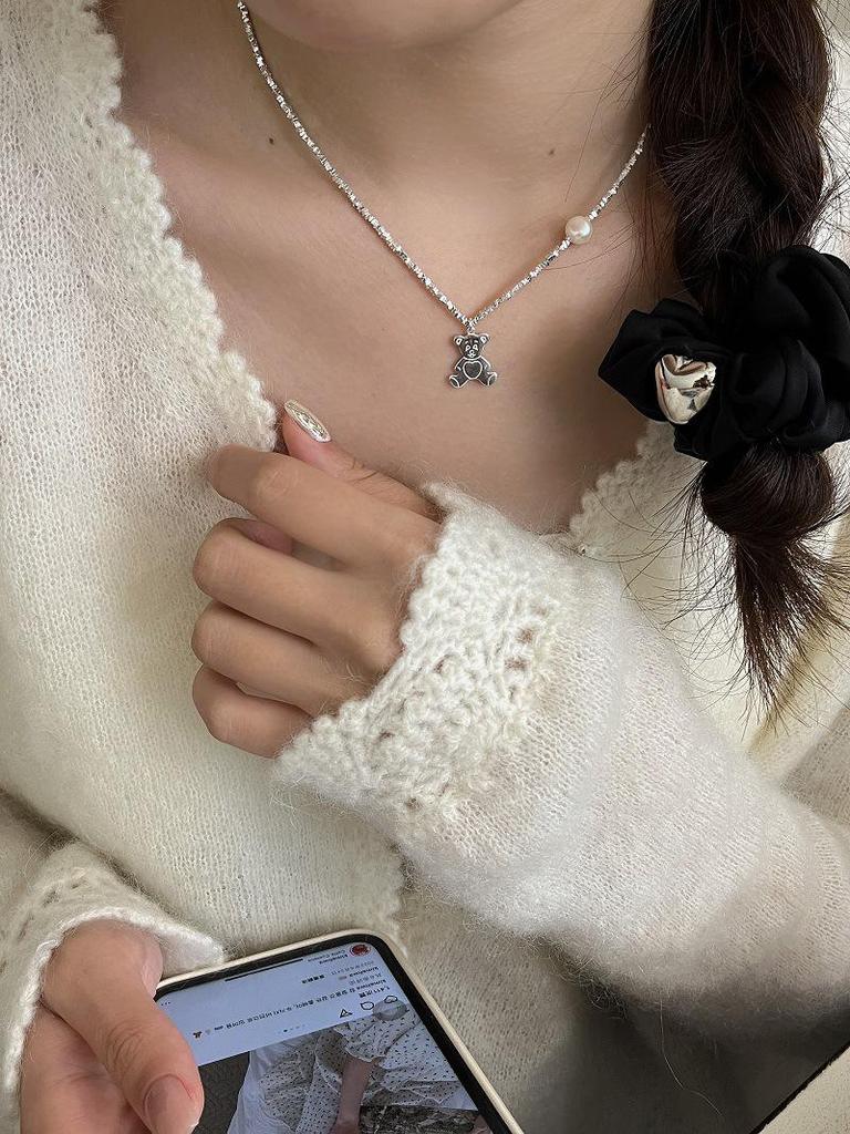 Su Chuang S925 Sterling Silver Little Bear Necklace with Freshwater Pearl - New Style Luxury Clavicle Chain