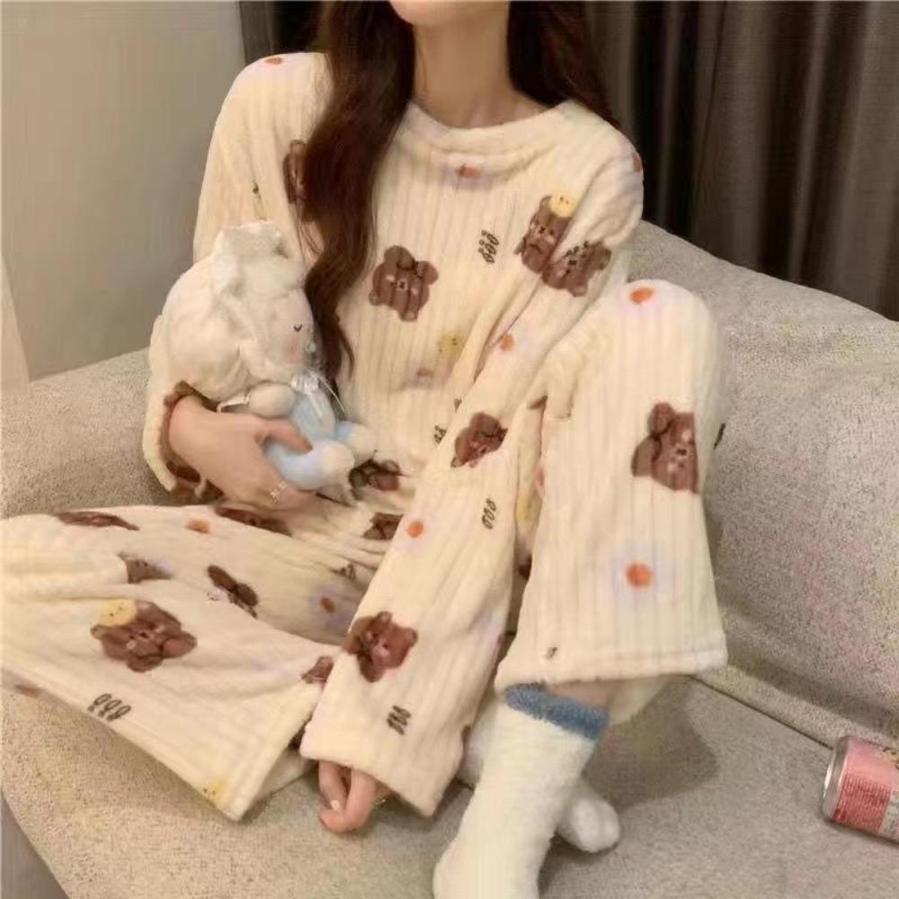 Cute Sweet Autumn and Winter Pajamas for Women 2022 New Coral Velvet Warmth and Thickened Long-sleeved Home Clothing Set