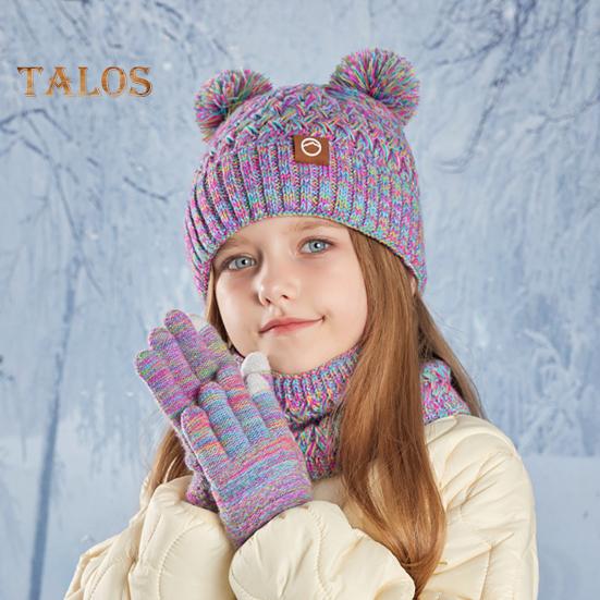 Kids Winter Hat Gloves Scarf Set Cold Weather Knitted Bear Hat with Pom Fleece Lined Neck Warmer Mitten Set for Girls Boys Ages 4-10 Outdoor
