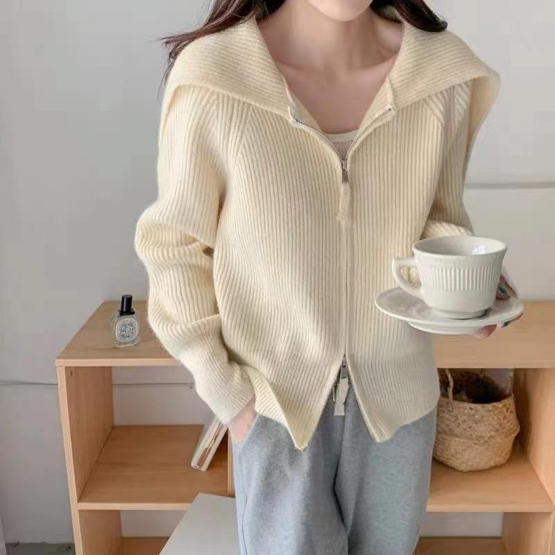 Navy collar zipper sweater jacket cardigan women's autumn and winter clothing gentle wind wear loose lazy wind top tide