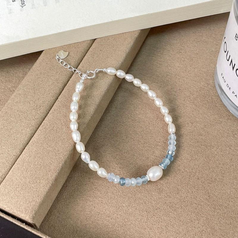 Handmade Sterling Sea Blue Topaz Bracelet With Freshwater Pearl Stackable Design Women Ins Style