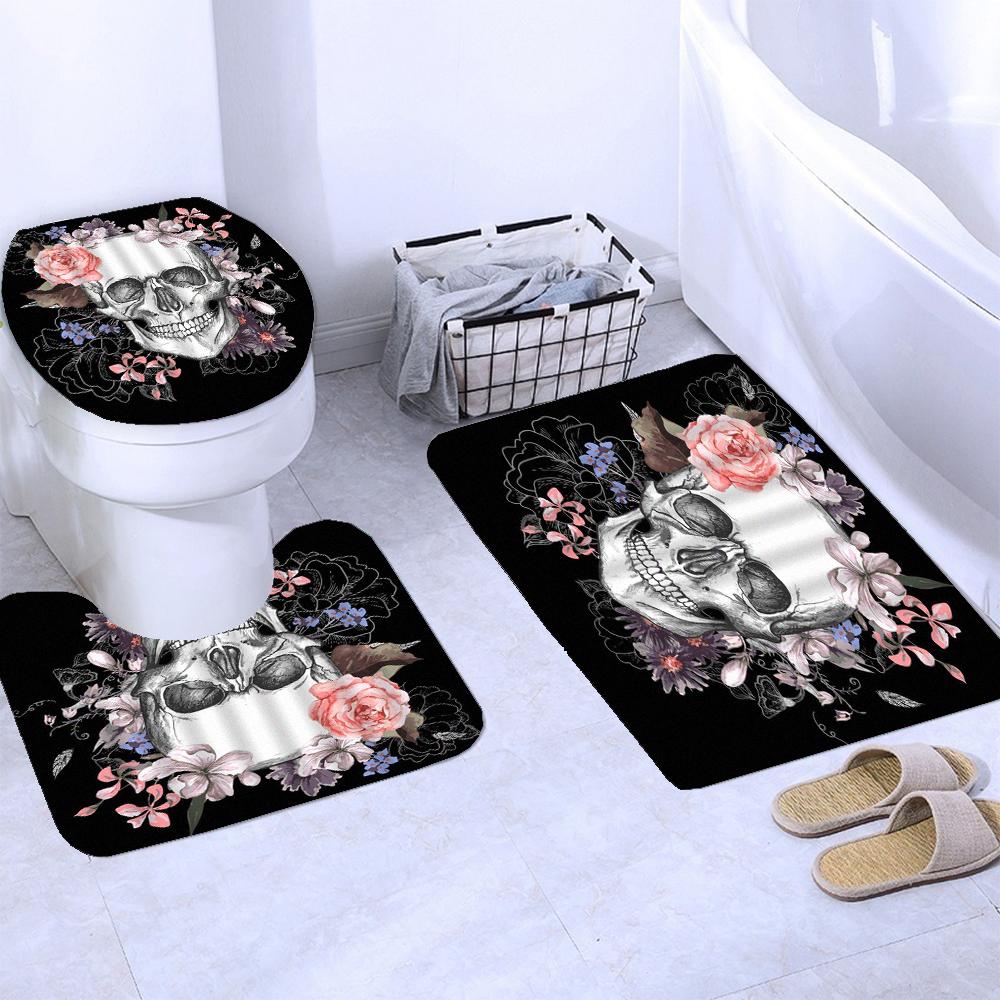 Black Skull Skeleton Printed Shower Curtain Set Horrible Halloween Festival Bathroom Decor Pedestal Rug Lid Carpet Toilet Cover