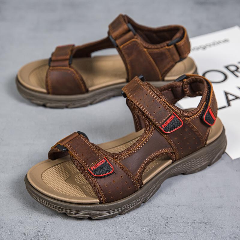 

Baotou sandals men s 2025 new leather sandals trend driving outside men s slippers beach summer sandals 46 коричневый
