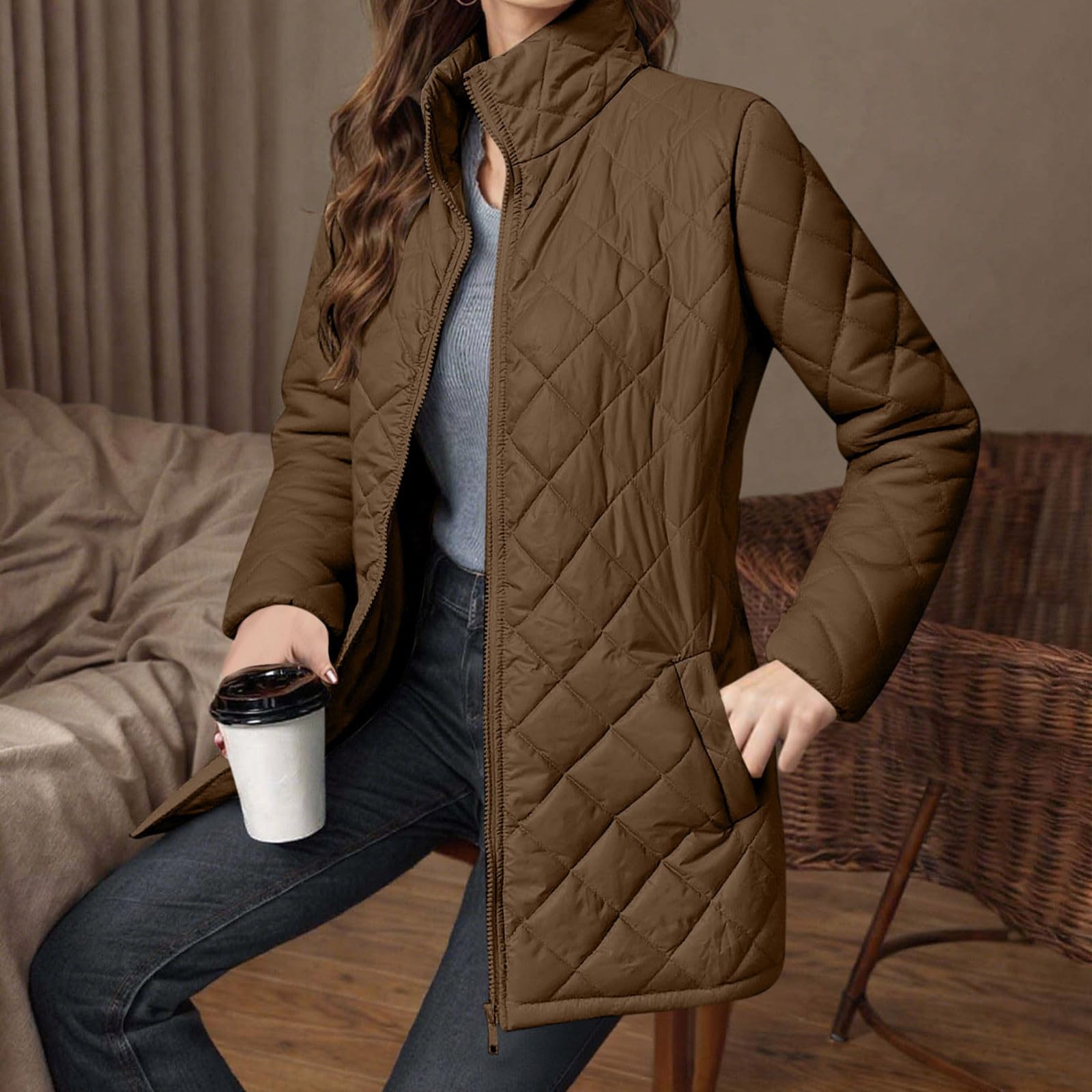 

Женское модное однотонное хлопковое пальто свободного кроя с длинными рукавами на молнии и карманами L коричневый