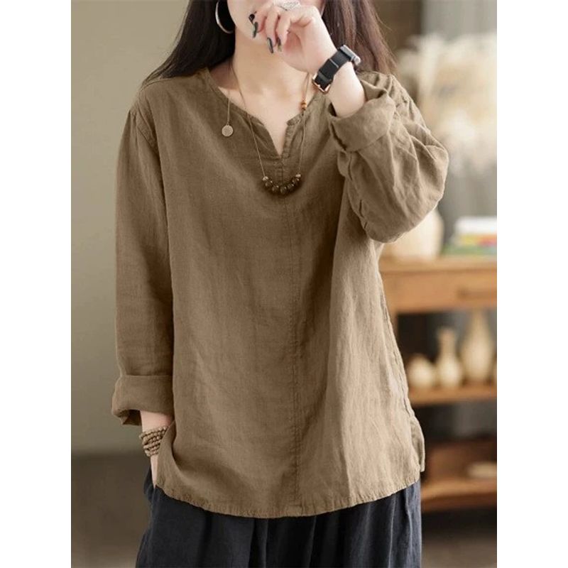 

V-neck Long Sleeved Hem Slit Top Solid Color and V-neck Long Sleeves Slit Hemline at Hem Tops Women Khaki XL