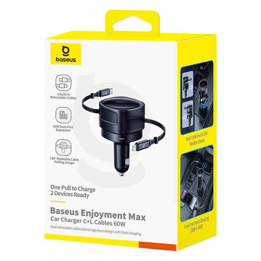 BASEUS Enjoyment Max Car Charger 60W C+L Dual Cable Rotatable Design Fast Charging Retractable Cables
