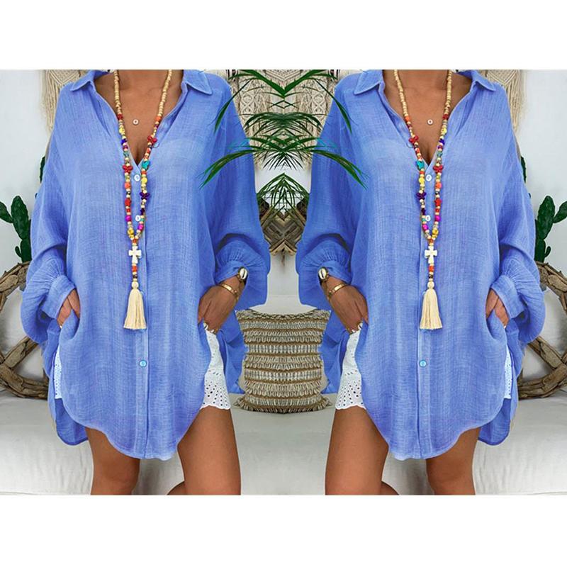 

Летние новые хлопковые и льняные рубашки больших размеров для женщин, свободные, на пуговицах, с длинным рукавом, повседневные женские блузки, женские топы, простые офисные рубашки с лацканами для женщин 26457 5XL синий