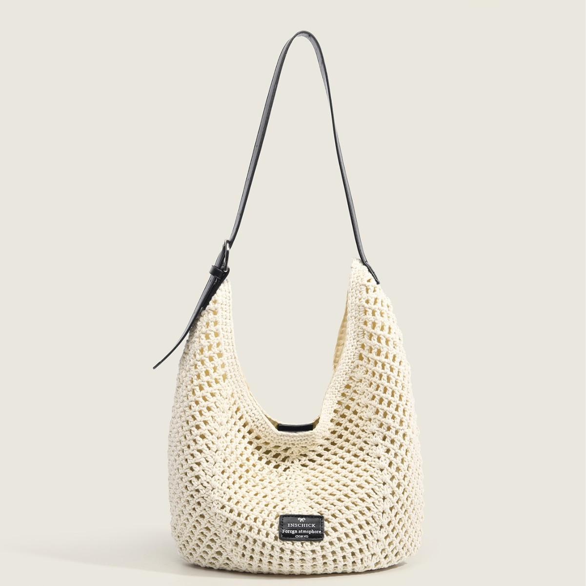 

2025 New Hollow Woven Bag Women s Summer Seaside Vacation Travel Tote Bag Large Capacity Shoulder Underarm Bag Light Beige（With Printi