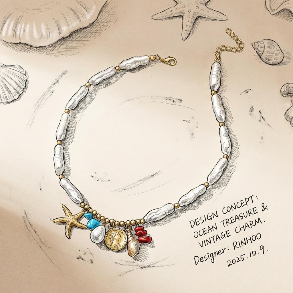 Women's Bohemian Necklace, Colorful Stone Starfish Necklace, Irregular Imitation Pearl Beaded Collarbone Chain