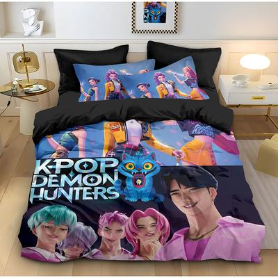 K-Pop Bedding Set Demon Hunters Themed Pink or Black Other Side Print Polyester Student Dormitory Duvet Cover Boys Girls Gift
