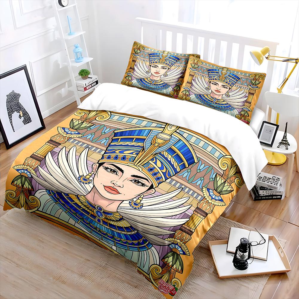 Egyptian-style ornate portrait Bedding Set for Kids Luxury Gift 3pcs Digital Print Comforter Set Soft Comfortable Breathable