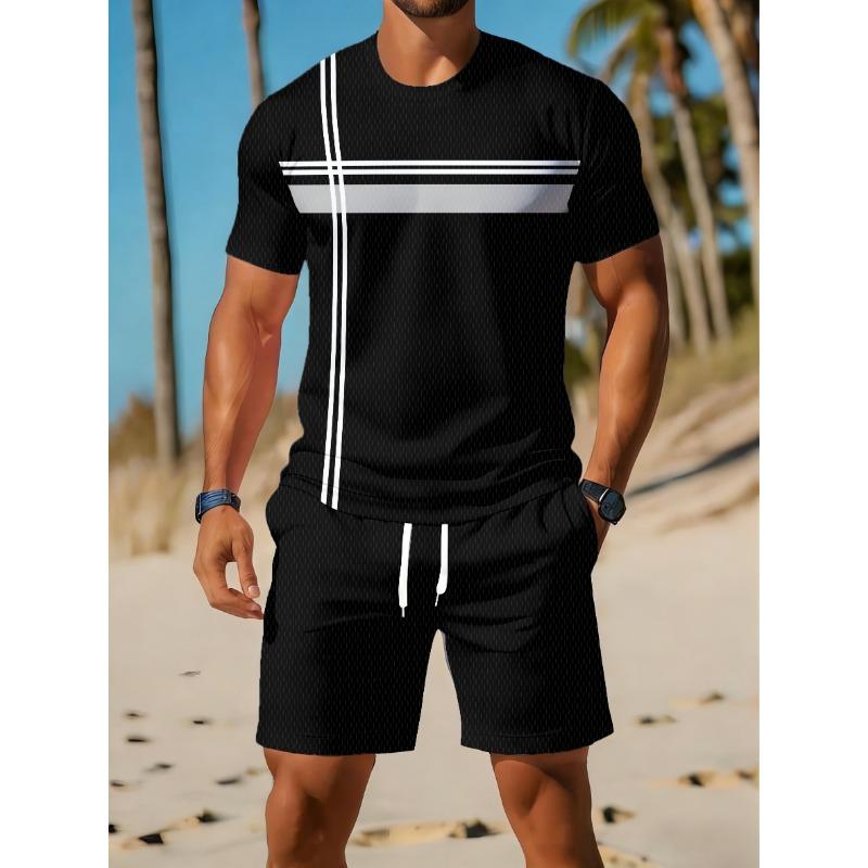 Herren Digitaldruck 2-teiliges Set, Herren Rundhals Kurzarm T-Shirt und Shorts Outfit